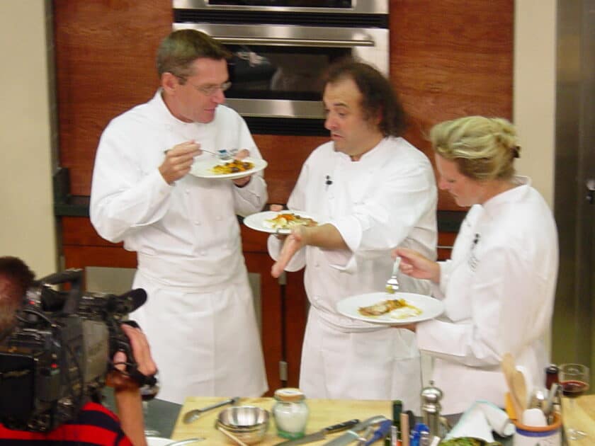 Former Cincinnati Mayor Charlie Luken with Chef Jean-Robert and Chef Meg Galvin on an episode of “The Dish” TV Show, Produced at Cincinnati State