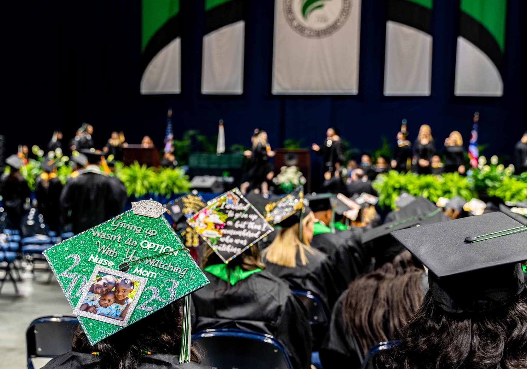 Decorated caps of graduates