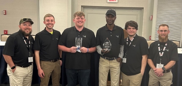 Cincinnati State Land Surveying Team 2023: Chris Stanley, Maximilian Paul, Lane Schulz, (name withheld on request), Braden Diener, and their Young Surveyors Network advisor, Derrick Daily