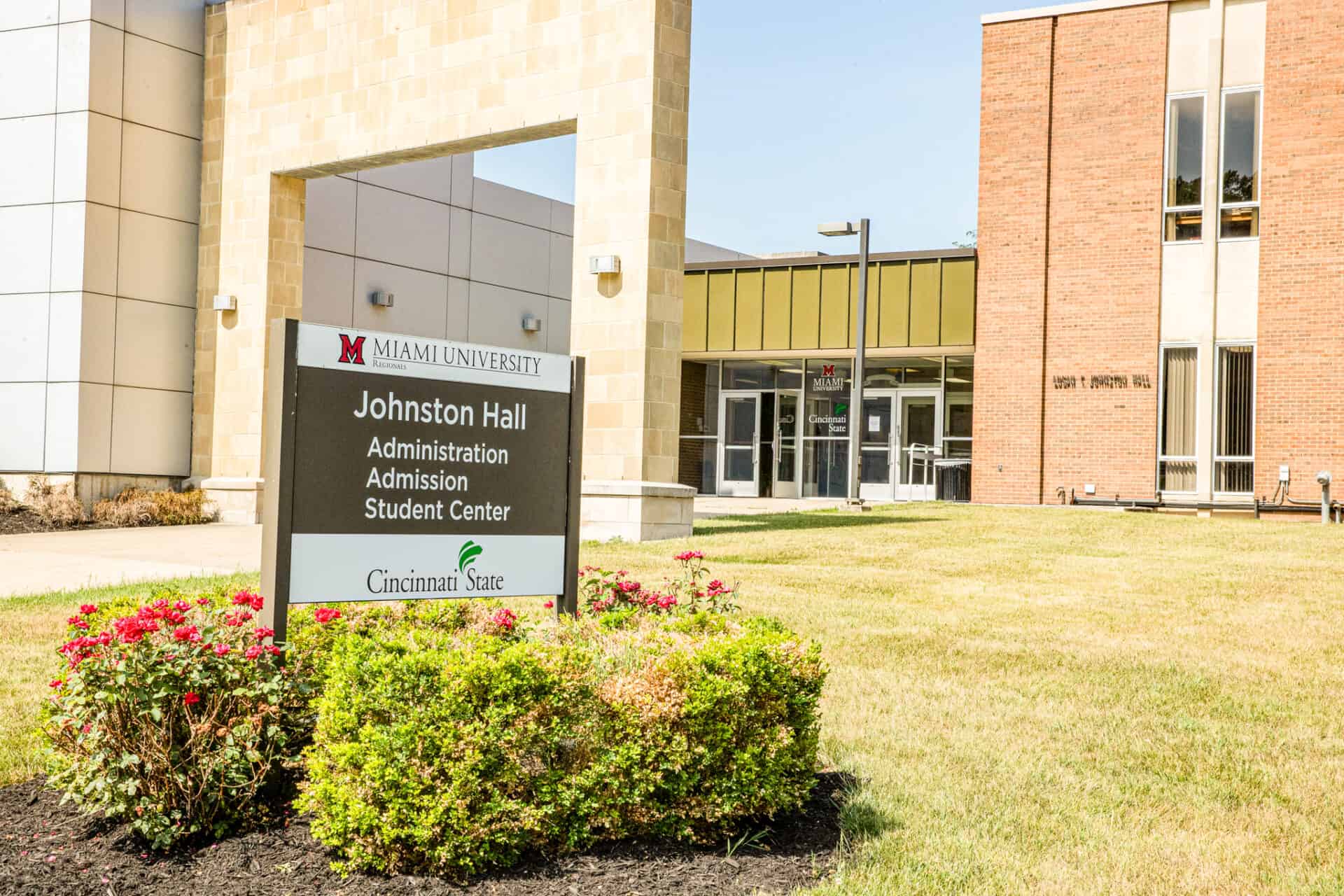 sign outside Johnston Hall at Miami University Middletown with the MU logo and Cincinnati State logo