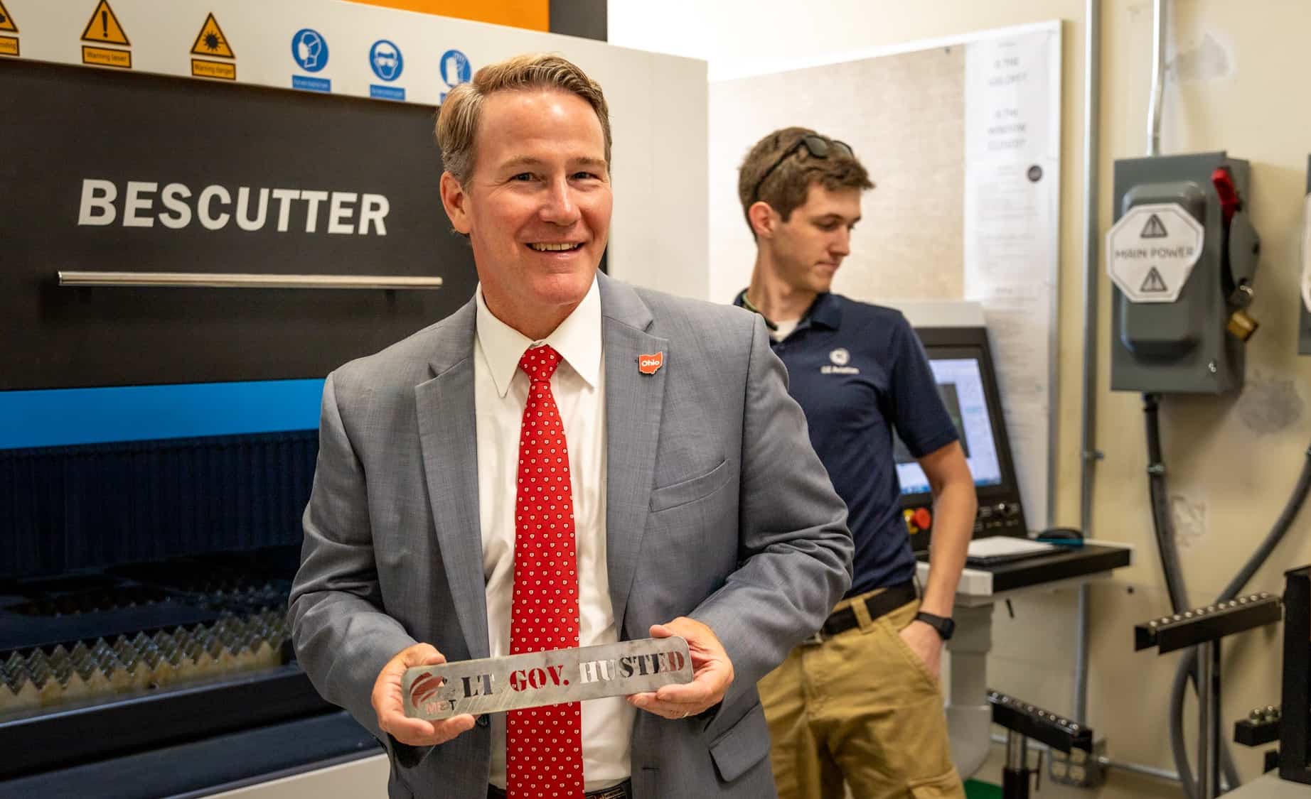 Mechanical Engineering Technology student Ed Alender used a fiber laser cutter to make a Name Plate for Lt. Gov. Husted