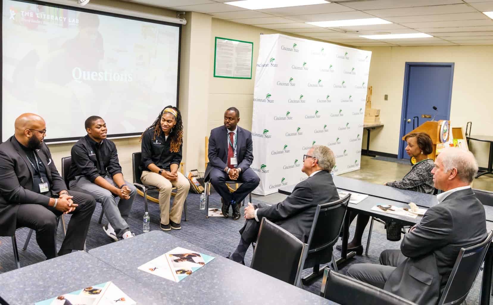 Ohio Gov. Mike DeWine (with President Monica Posey and Trustee George Vincent) learned about the Leading Men Fellowship program