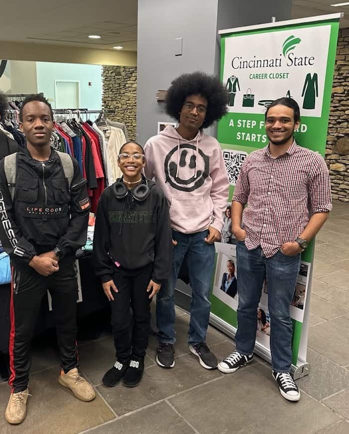 Career Closet Student Workers: Djibril, Tierra, Jaye, and Tristan