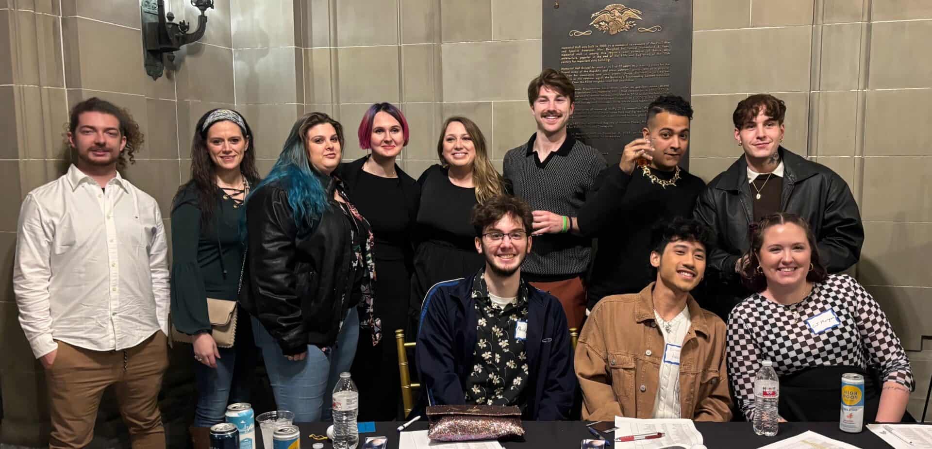 Cincinnati State students Celebrate at the ADDYs. From Left (Front Row) – Phillip Hein, Enzo Abrenica, CJ Morgan. (Back Row) – Jacob Taper, Braizlee Browning, Virgi Russo, Varvara Alekseeva, Allie Sebastian, Joey Hickey, Jake Harrison-Gray, Leighton Mitchell