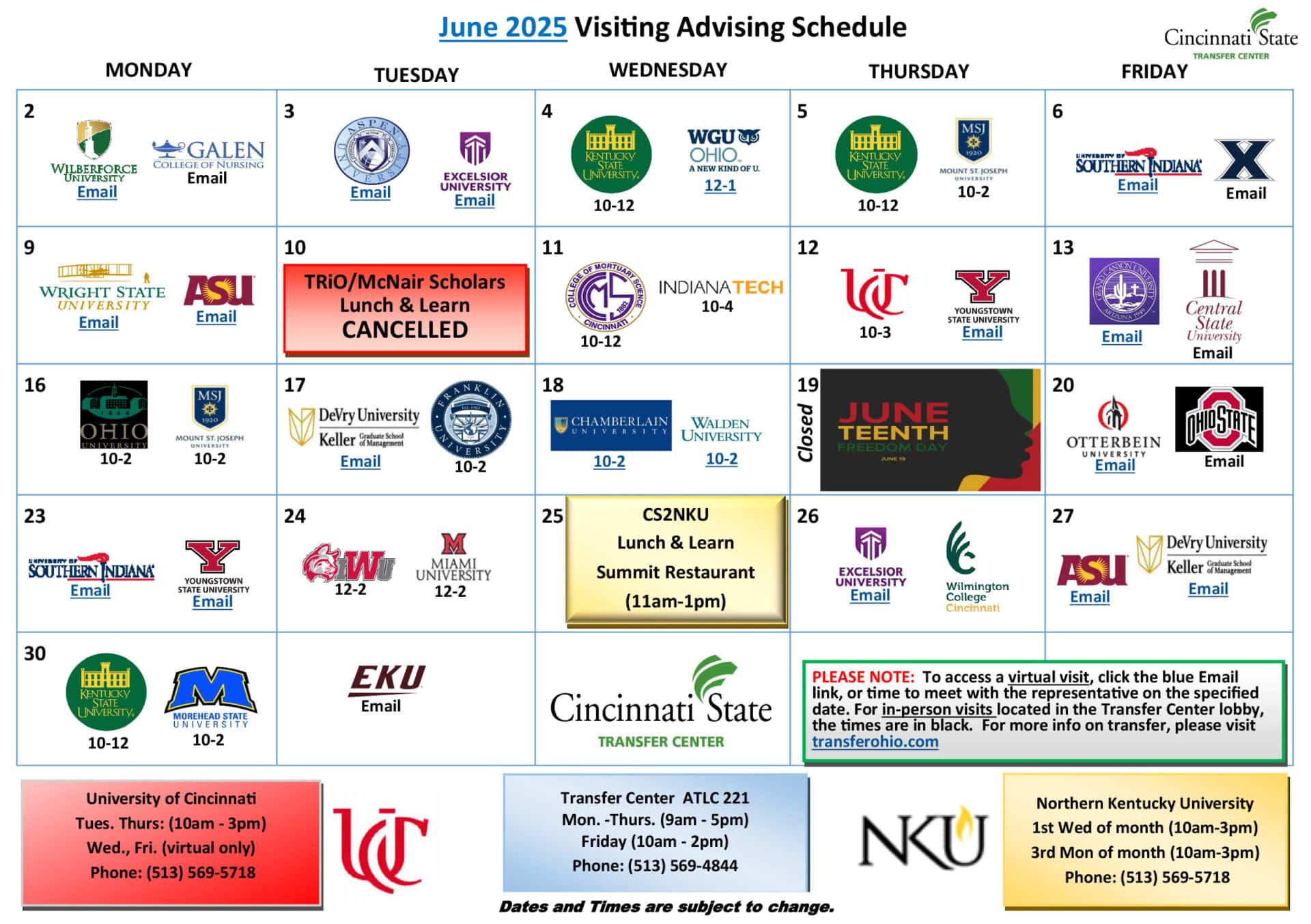 transfer center calendar