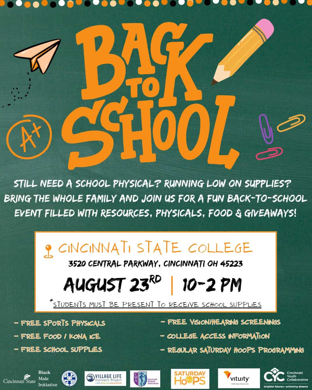 Poster for CYC Back to School event at Cincinnati State