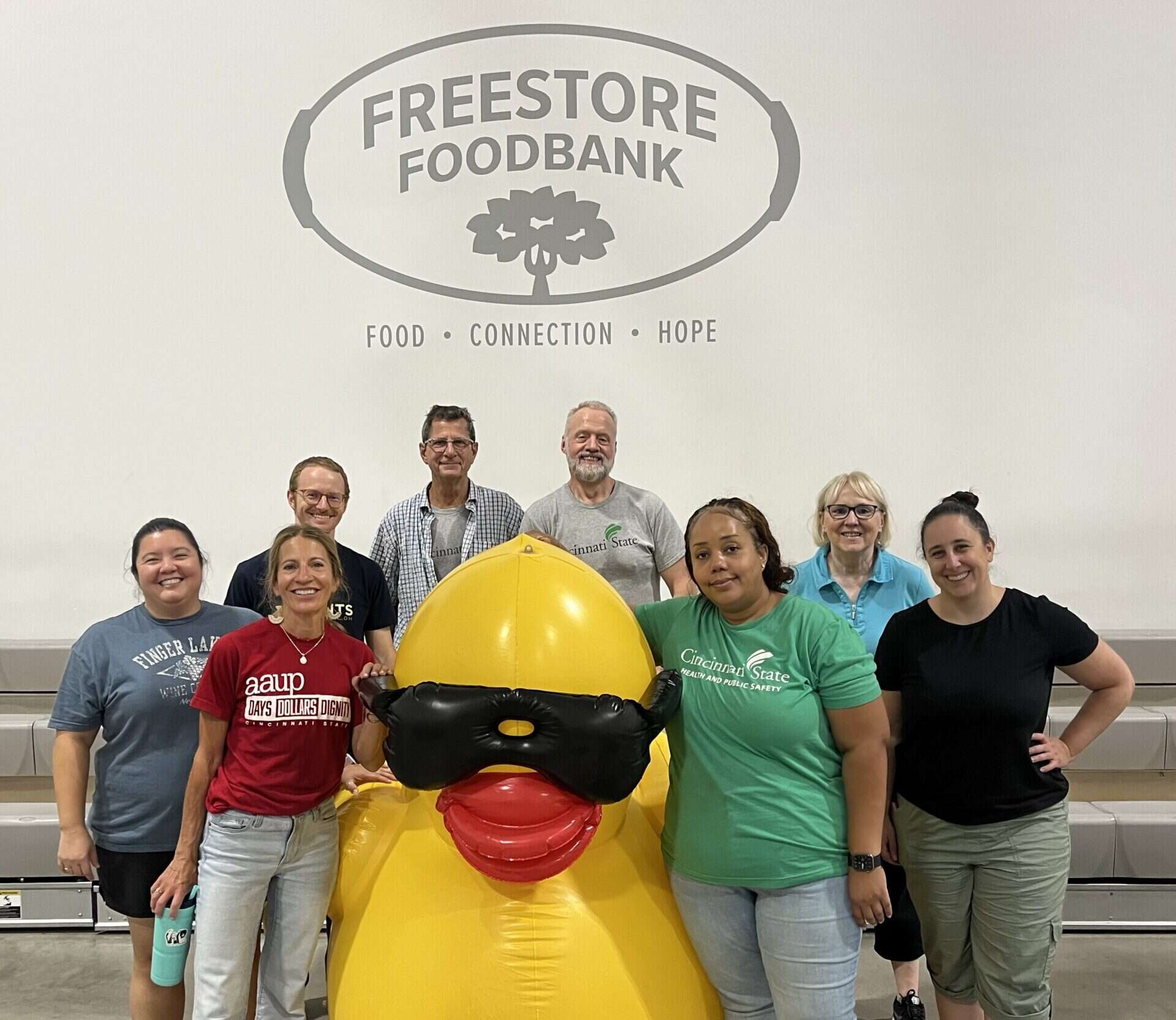 Faculty Senate members at the Freestore Foodbank (from left): Abbey Yee, Jayne Dressing, Caleb Ochs-Naderer, Doug Woodruff, Jon McKamey, Sheena Davis, Nora Beckmann, Milene Donlin