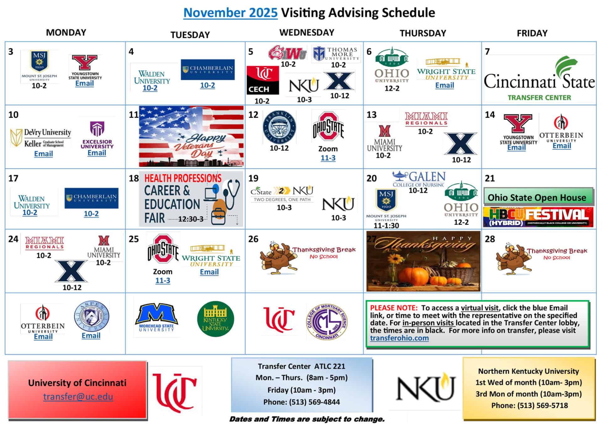 transfer center events calendar for november 2025