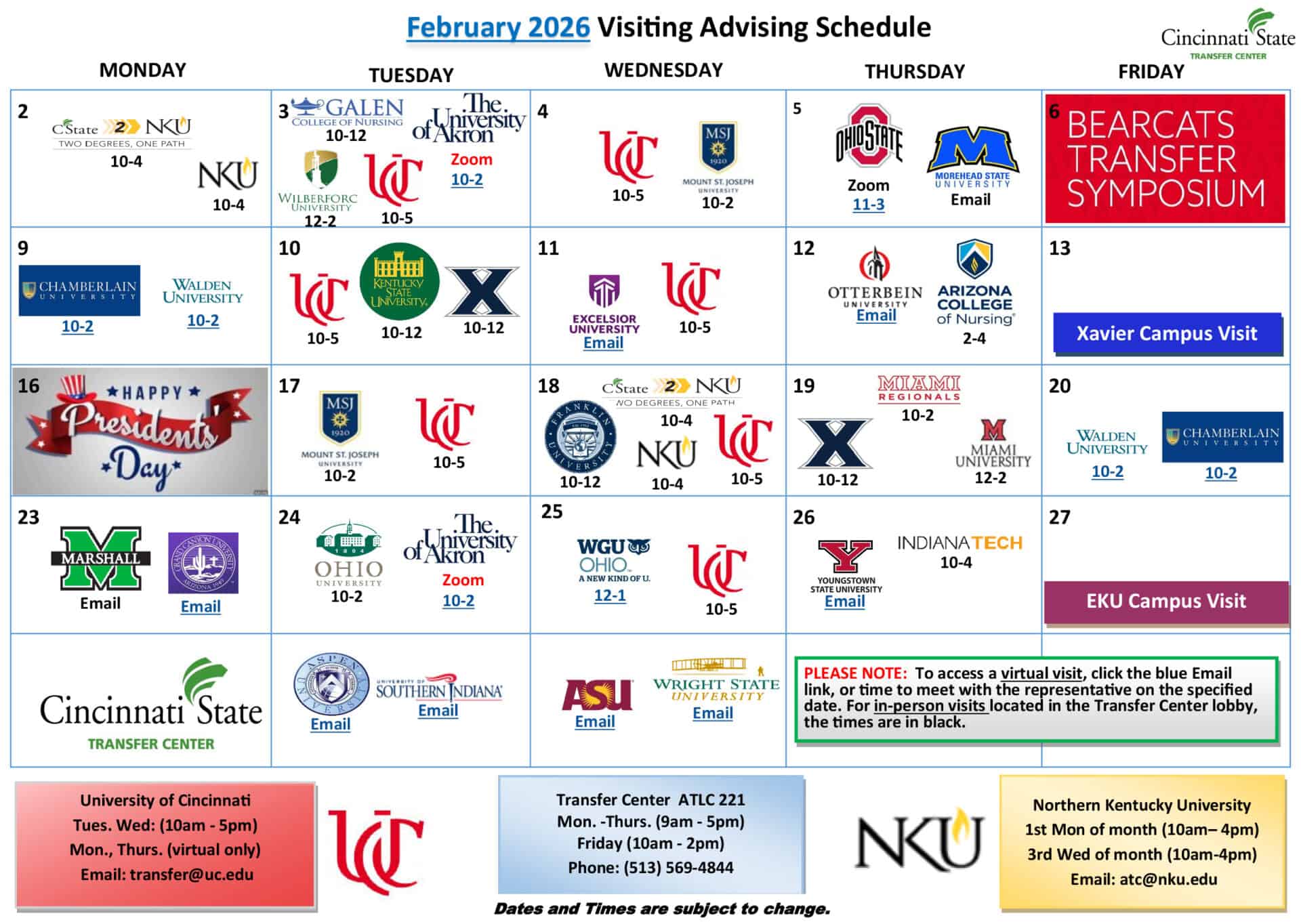 transfer center february 2026 calendar