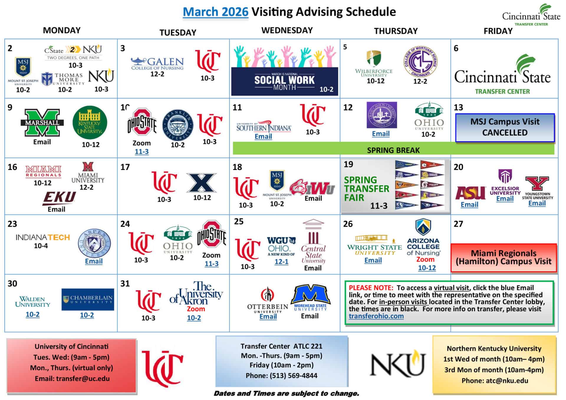 March calendar for the transfer center