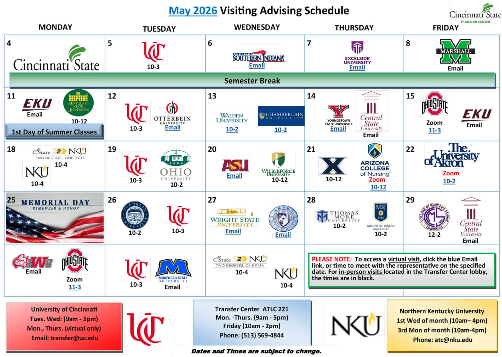 may calendar for the transfer center. See link for accessible PDF.