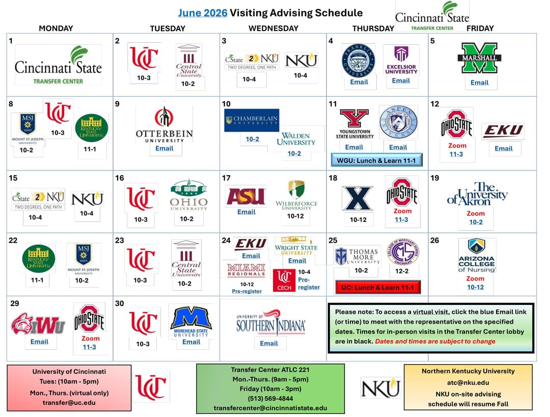 graphical calendar of transfer center events for June. See PDF for accessible links.