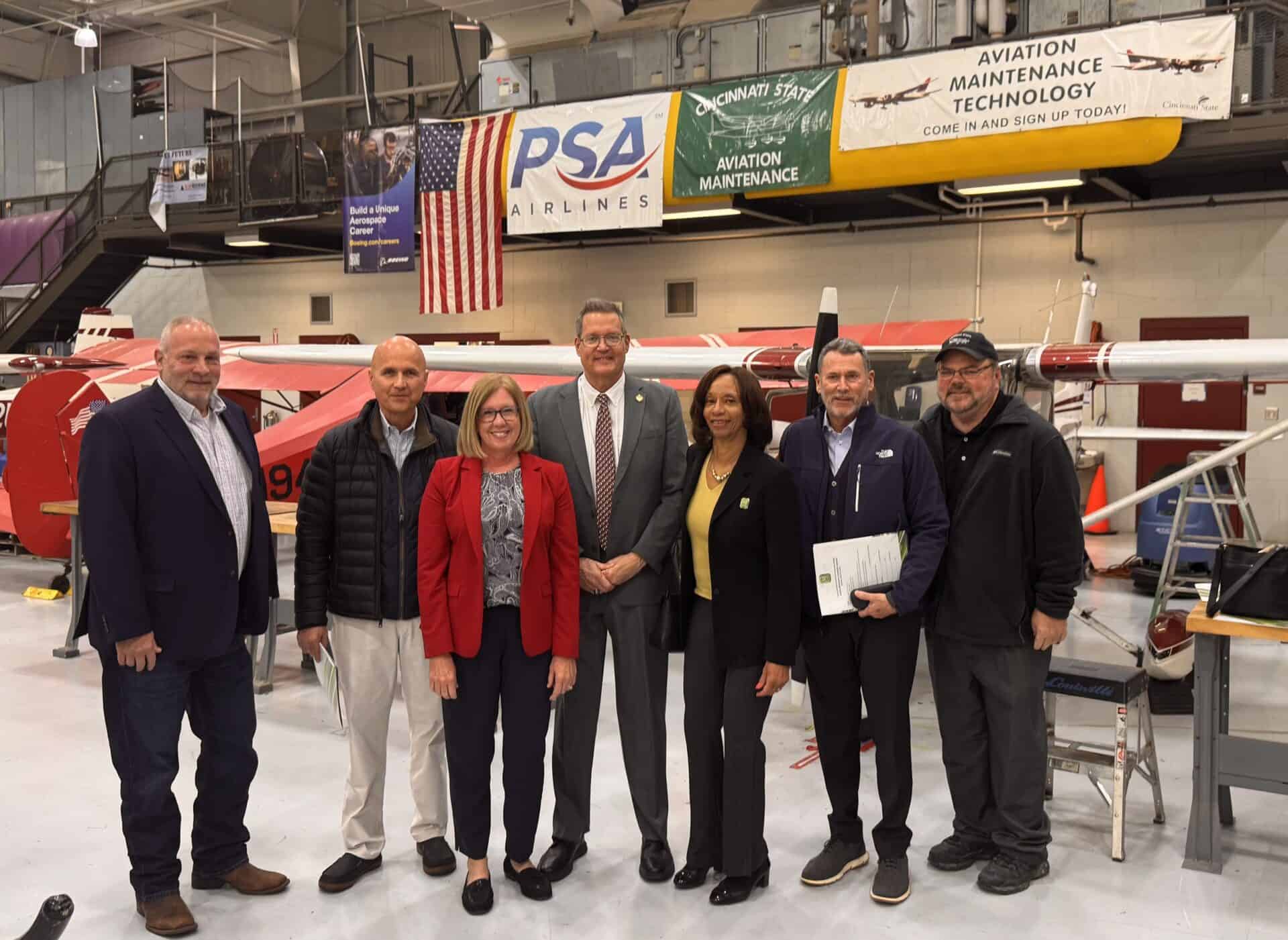 SW Ohio legislators visited Cincinnati State’s Harrison Campus (from left): Harrison Councilmember Doug Abrams, US Senator Bernie Moreno Regional Director Steve Leahy, State Representative Mike Odioso, State Representative Cindy Abrams, President Monica Posey, Trustee John Silverman, Aviation Maintenance Technology Program Chair Jeff Wright
